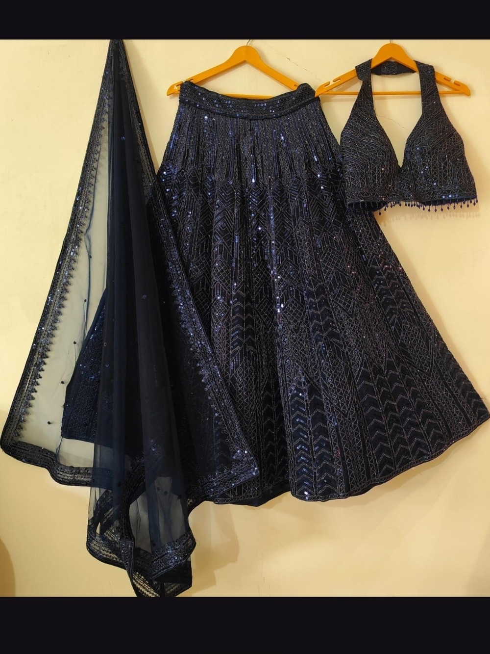 Navy Sequin Lehenga Skirt with Matching Blouse and Dupatta